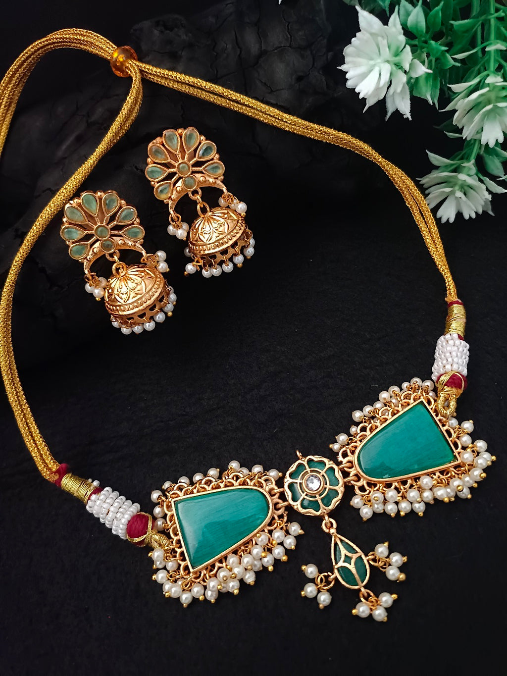 Gold-Plated Kundan & Pearl Beaded Choker Set with Jhumka Earrings
