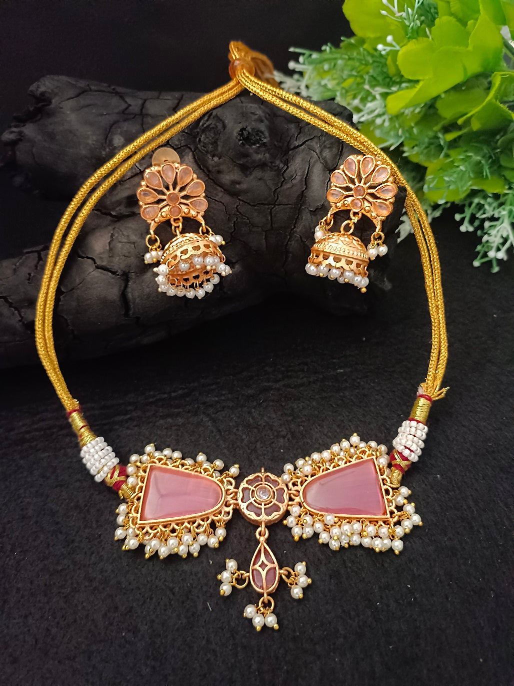 Gold-Plated Kundan & Pearl Beaded Choker Set with Jhumka Earrings