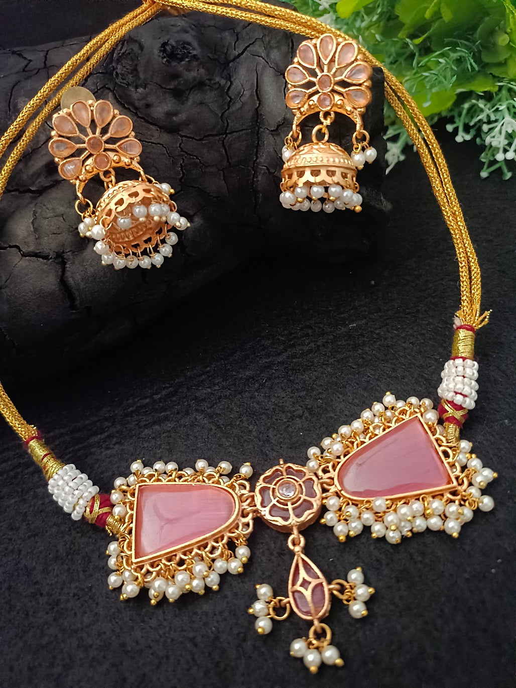 Gold-Plated Kundan & Pearl Beaded Choker Set with Jhumka Earrings