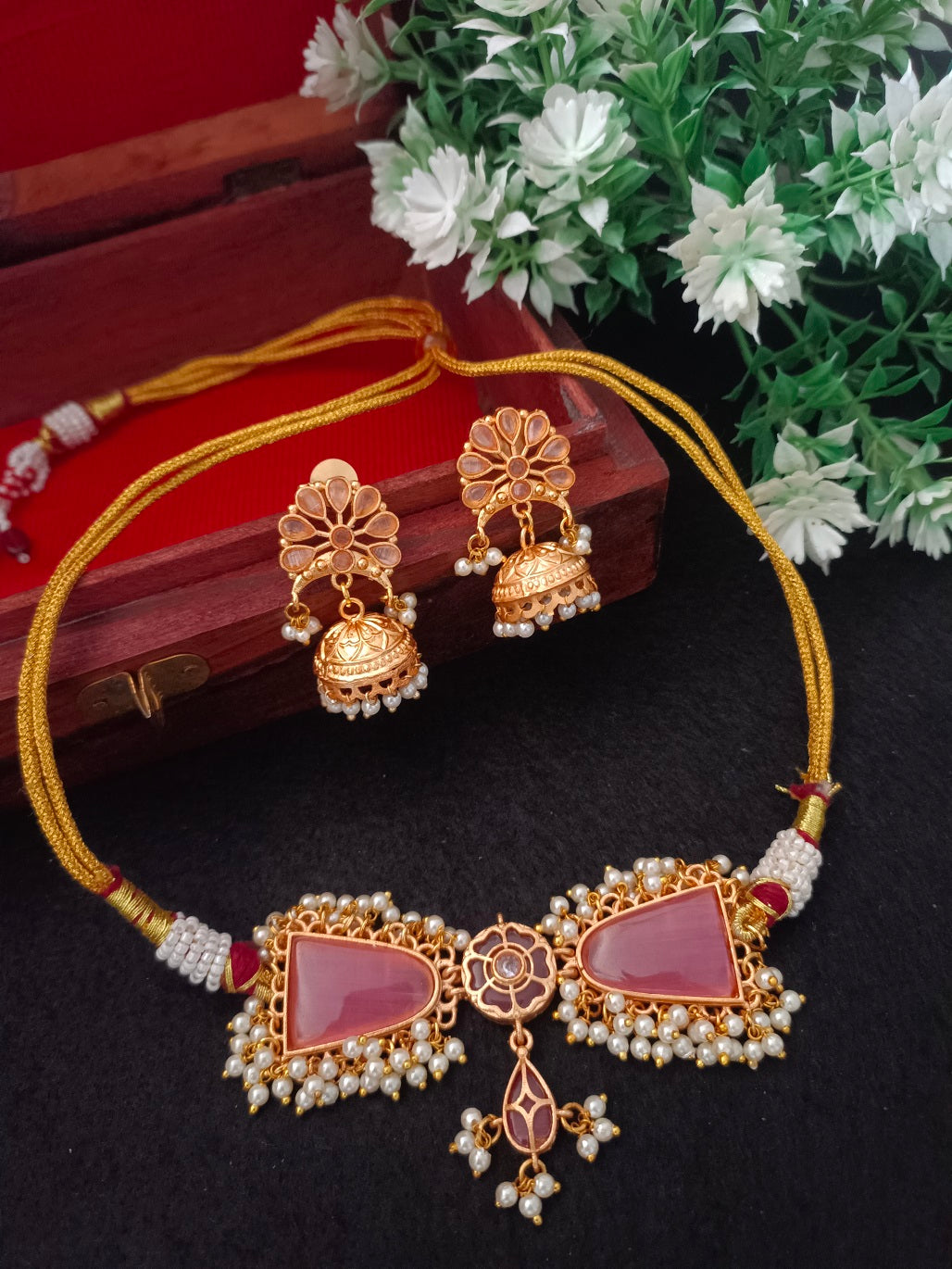 Gold-Plated Kundan & Pearl Beaded Choker Set with Jhumka Earrings