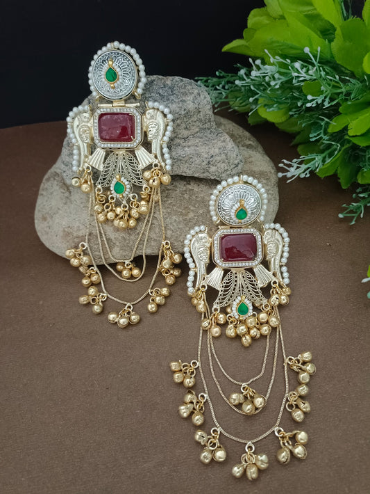 Gold Pachi Kundan Double 8 Stone and CZ Stone Ghungroo Kashmiri Brass Plated Drop Earrings