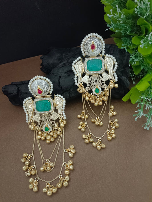 Gold Pachi Kundan Double 8 Stone Ghungroo Kashmiri Brass Plated Drop Earrings