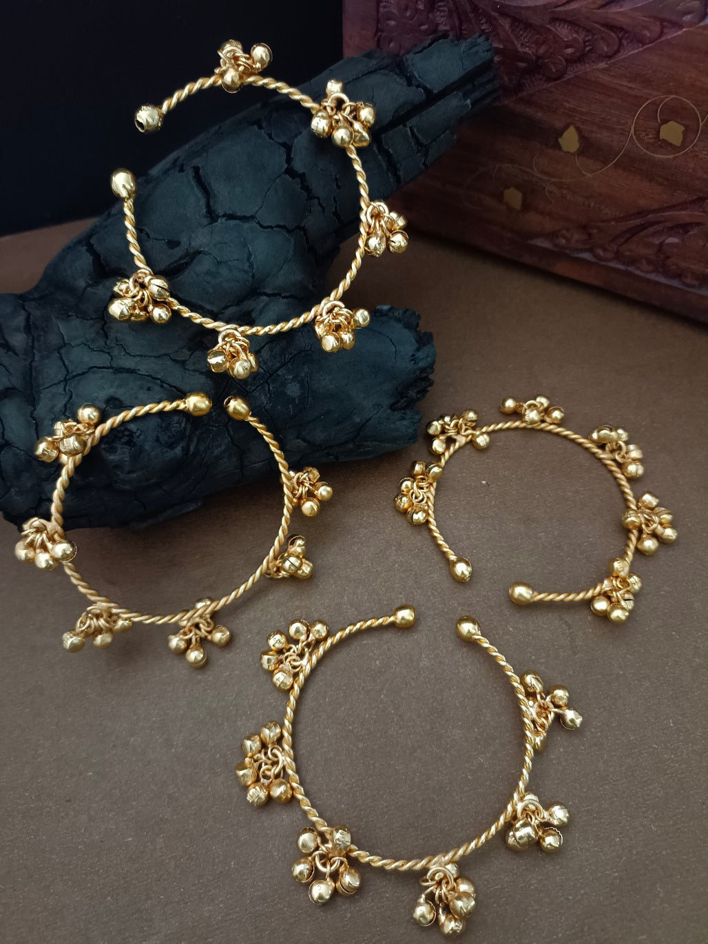Set Of 4 Women Gold-Plated Ghungroo Beaded Kashmiri Bangle-Style Brass Bracelet
