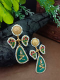 Brass-Plated Kundan Studded Peacock Kashmiri Statement Drop Earrings