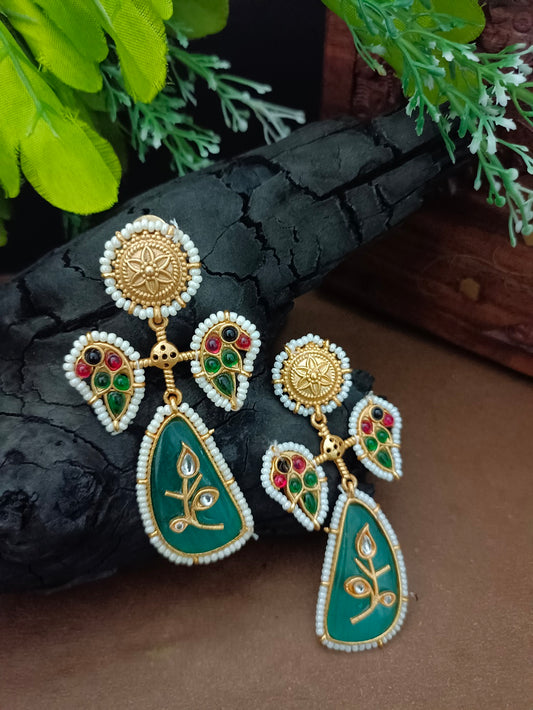 Brass-Plated Kundan Studded Peacock Kashmiri Statement Drop Earrings