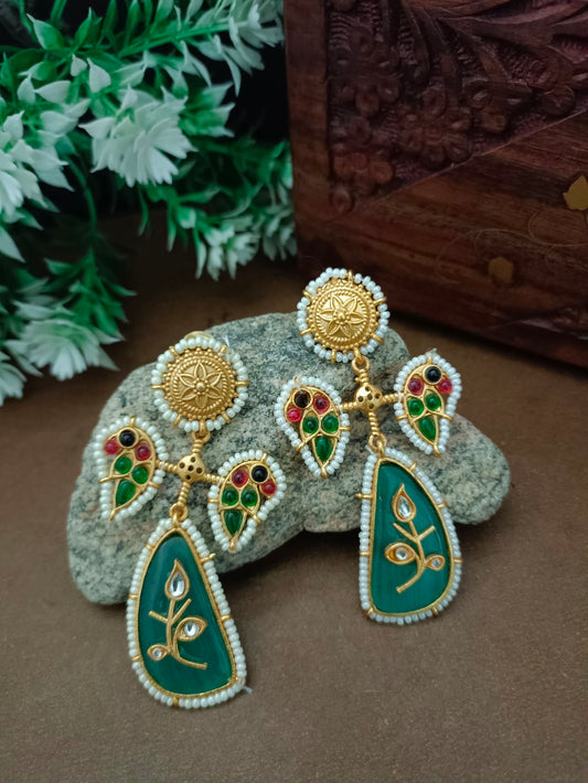 Brass-Plated Kundan Studded Peacock Kashmiri Statement Drop Earrings