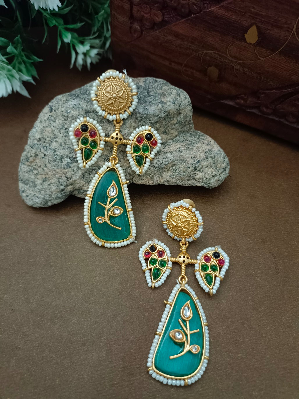 Brass-Plated Kundan Studded Peacock Kashmiri Statement Drop Earrings