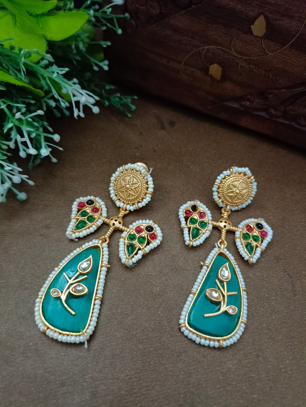 Brass-Plated Kundan Studded Peacock Kashmiri Statement Drop Earrings