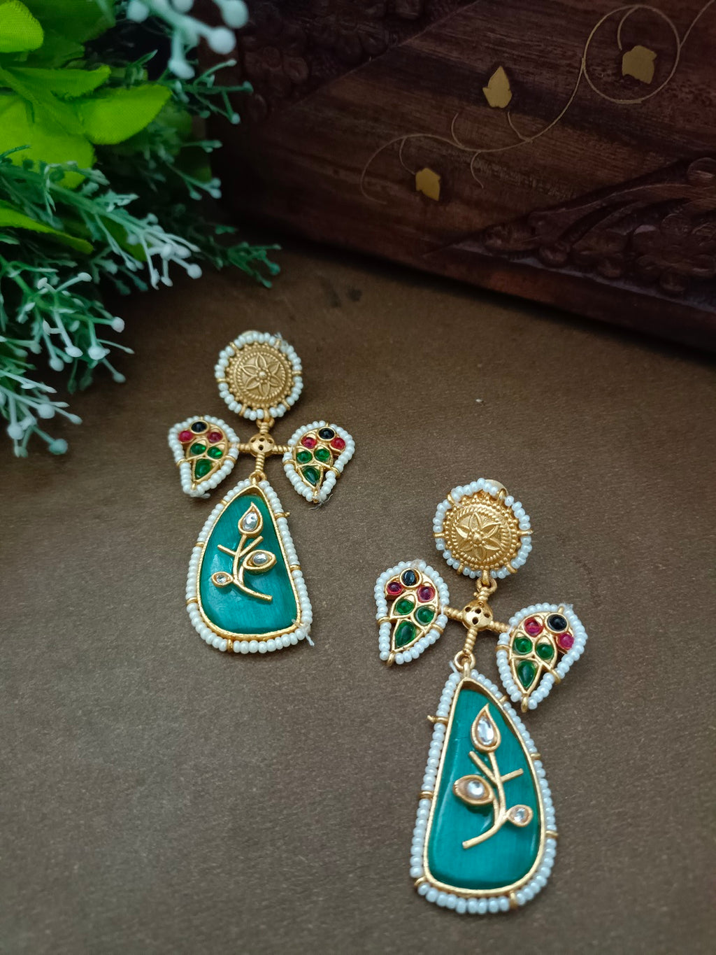 Brass-Plated Kundan Studded Peacock Kashmiri Statement Drop Earrings