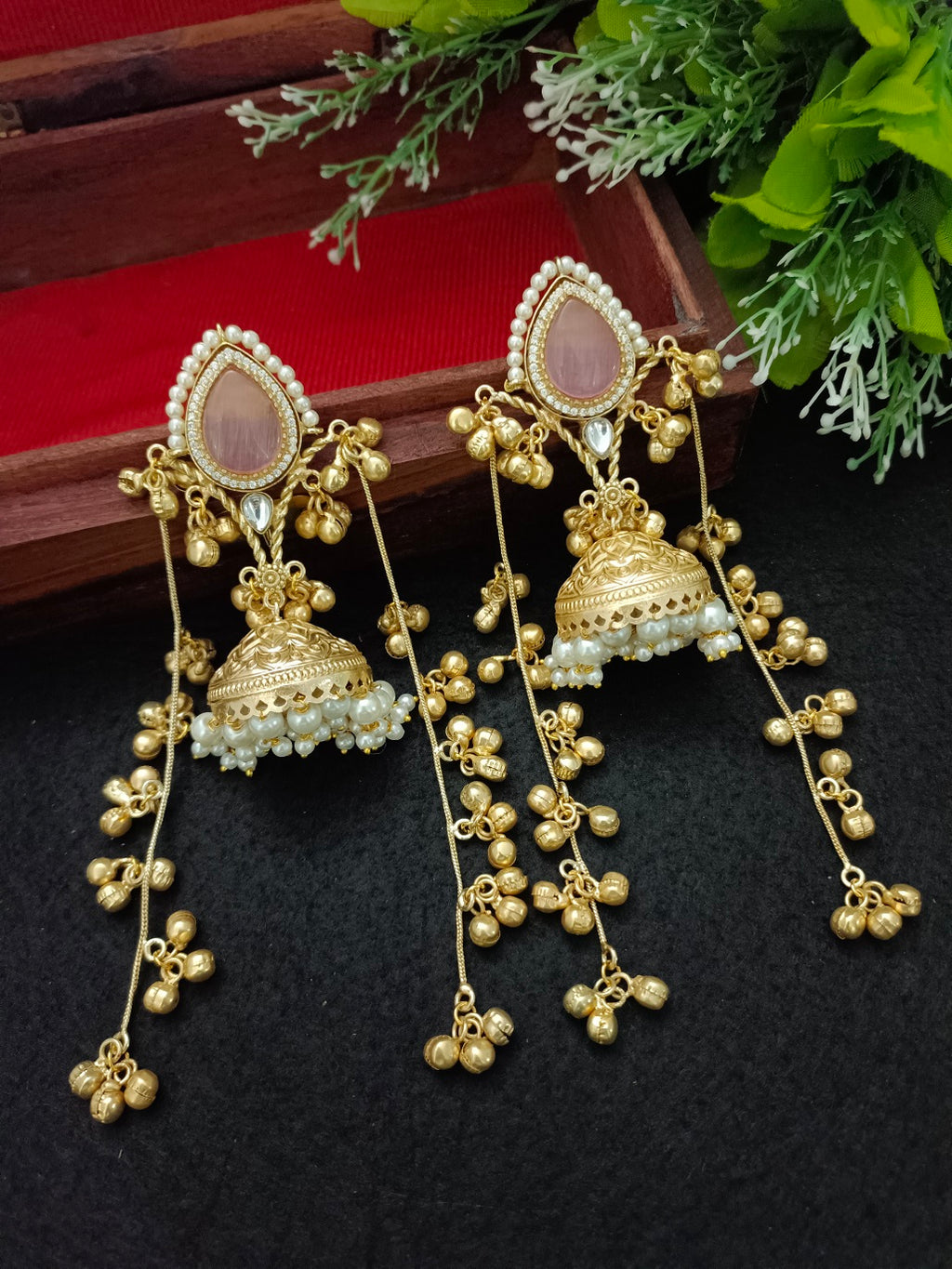 Kashmiri Jhumka Earrings with Color Stone – Traditional Gold Tone Ghungaroo Drop Earrings