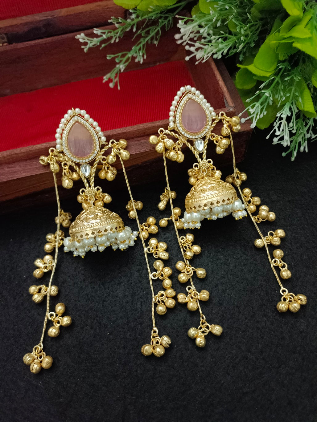 Kashmiri Jhumka Earrings with Color Stone – Traditional Gold Tone Ghungaroo Drop Earrings