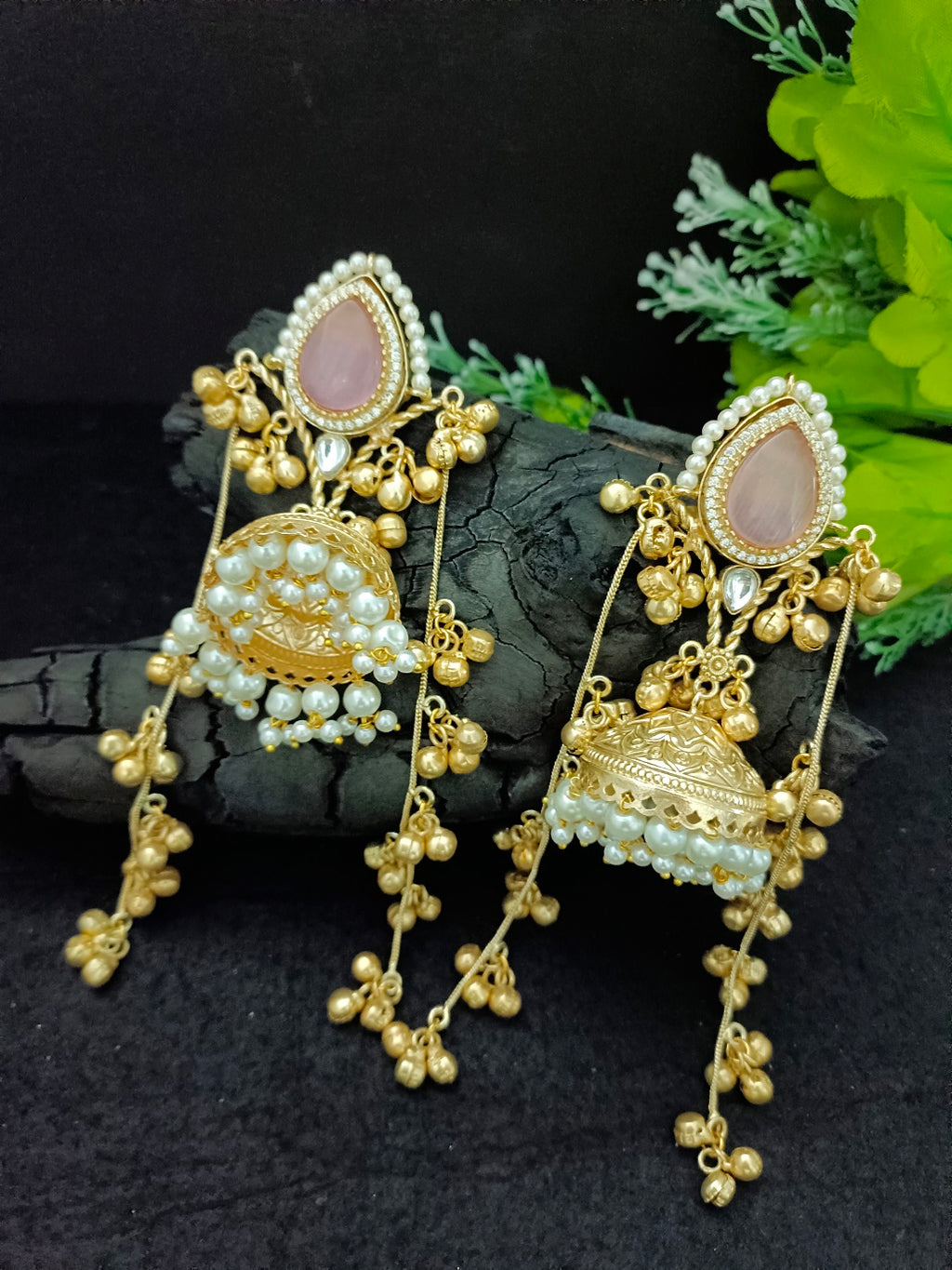 Kashmiri Jhumka Earrings with Color Stone – Traditional Gold Tone Ghungaroo Drop Earrings