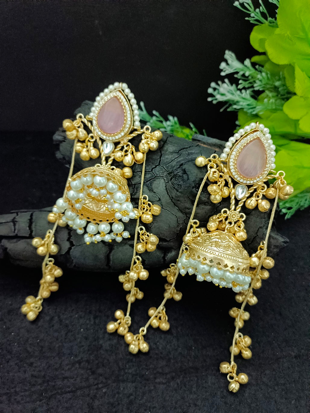 Kashmiri Jhumka Earrings with Color Stone – Traditional Gold Tone Ghungaroo Drop Earrings