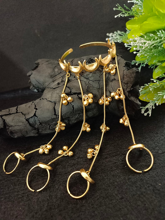 Women Brass Handcrafted Gold-Plated Hathphool Panja Multi Ring moon Bracelet