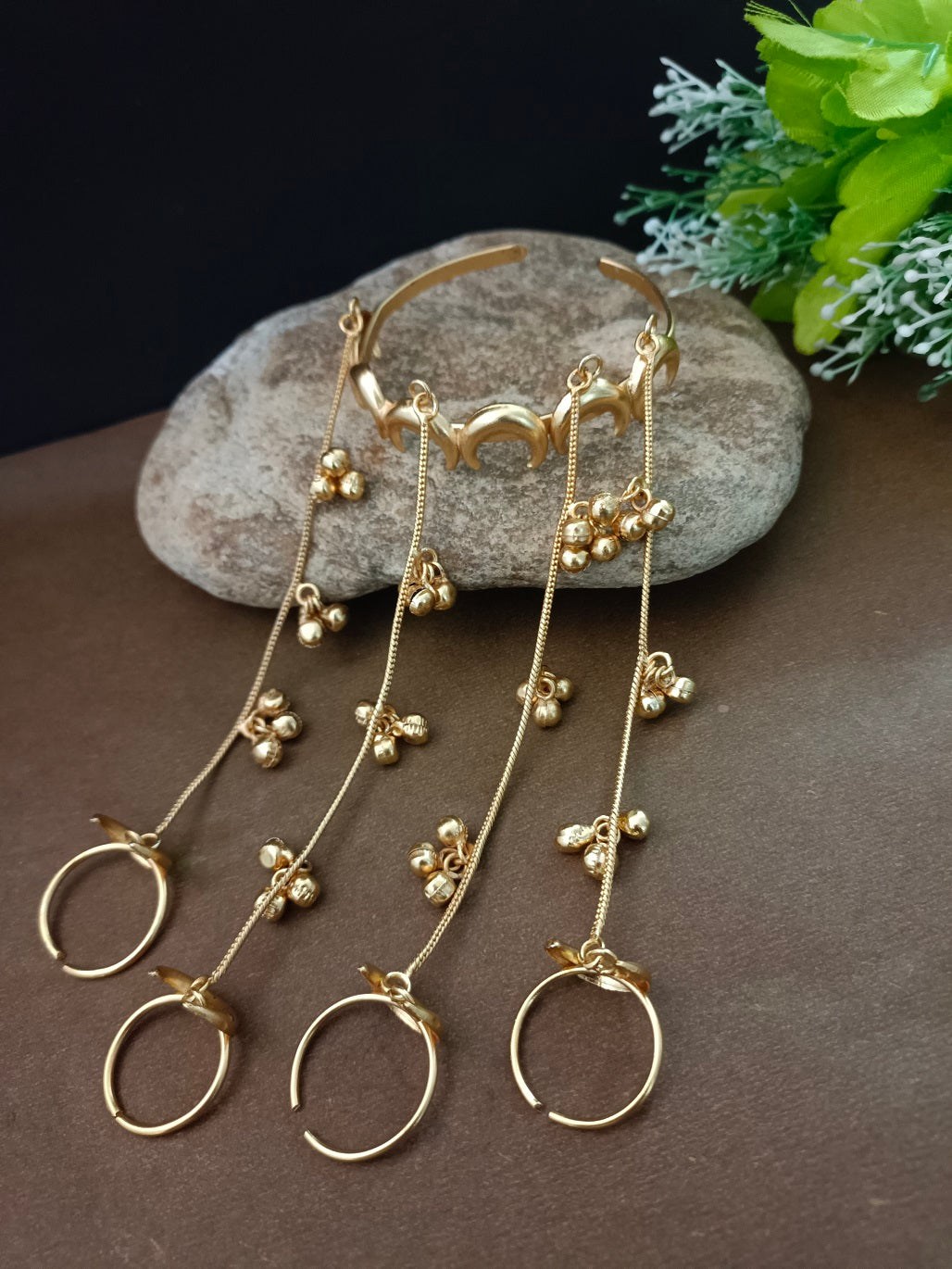 Women Brass Handcrafted Gold-Plated Hathphool Panja Multi Ring moon Bracelet