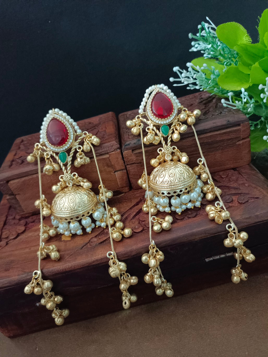 Kashmiri Jhumka Earrings with Color Stone – Traditional Gold Tone Ghungaroo Drop Earrings
