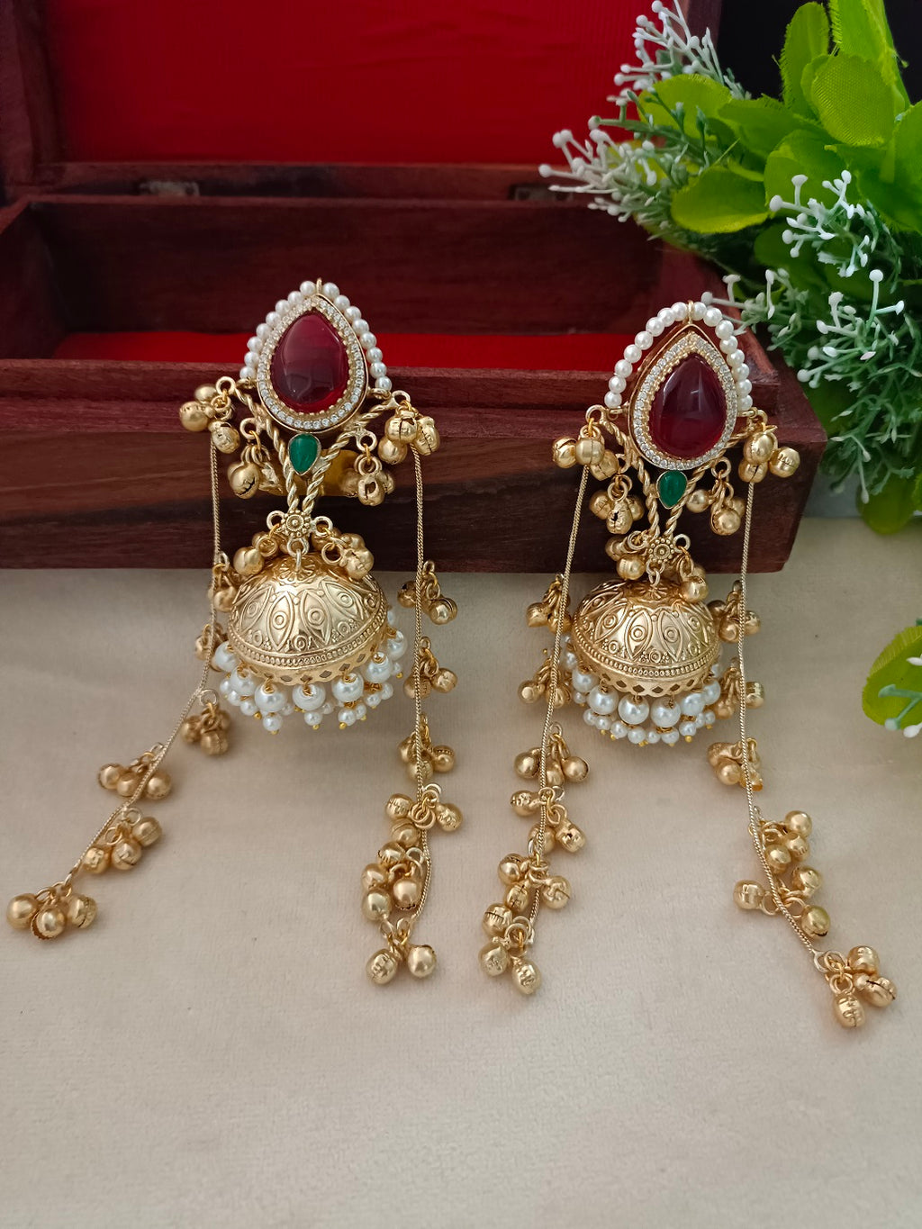 Kashmiri Jhumka Earrings with Color Stone – Traditional Gold Tone Ghungaroo Drop Earrings