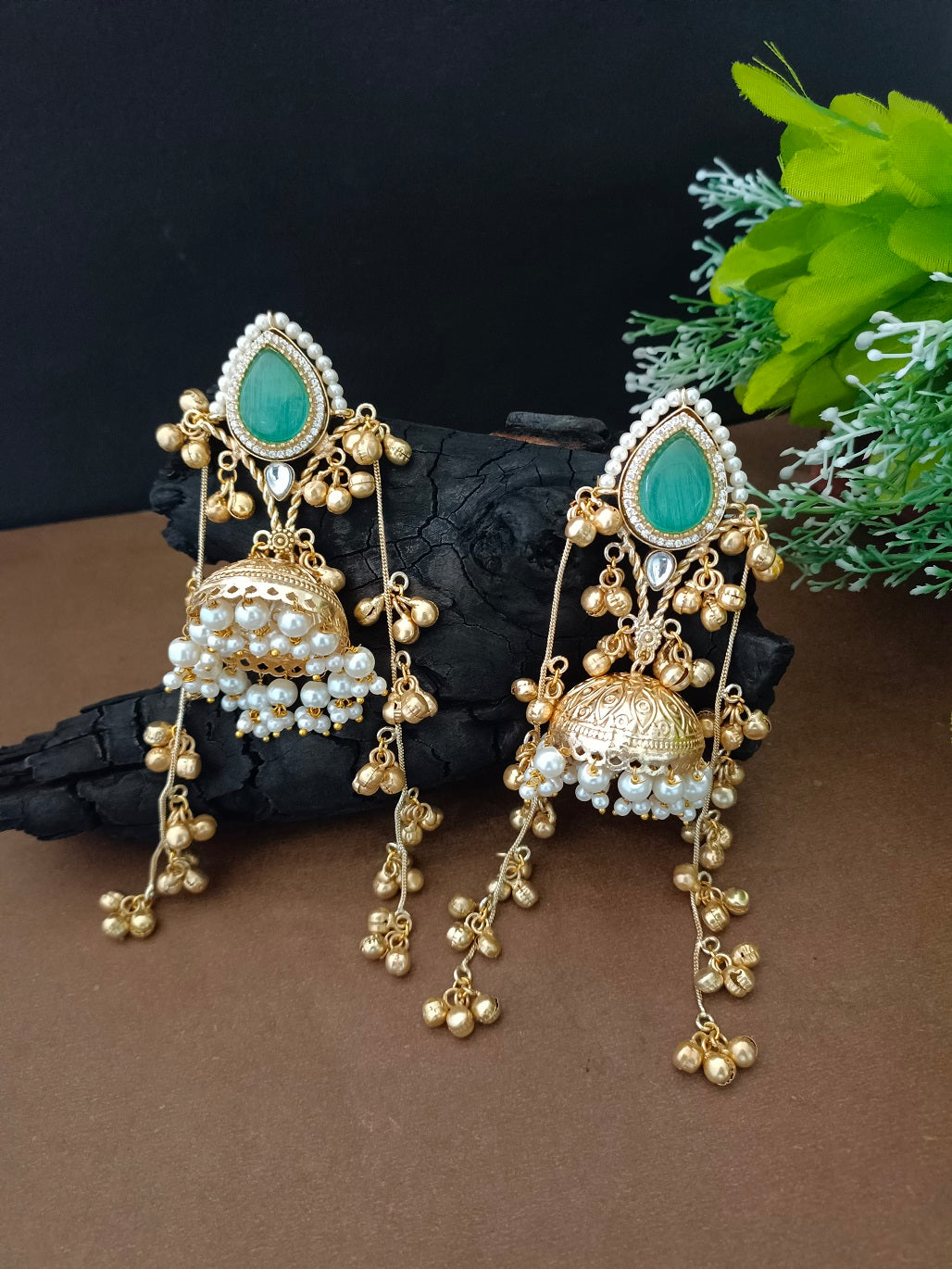 Kashmiri Jhumka Earrings with Color Stone – Traditional Gold Tone Ghungaroo Drop Earrings