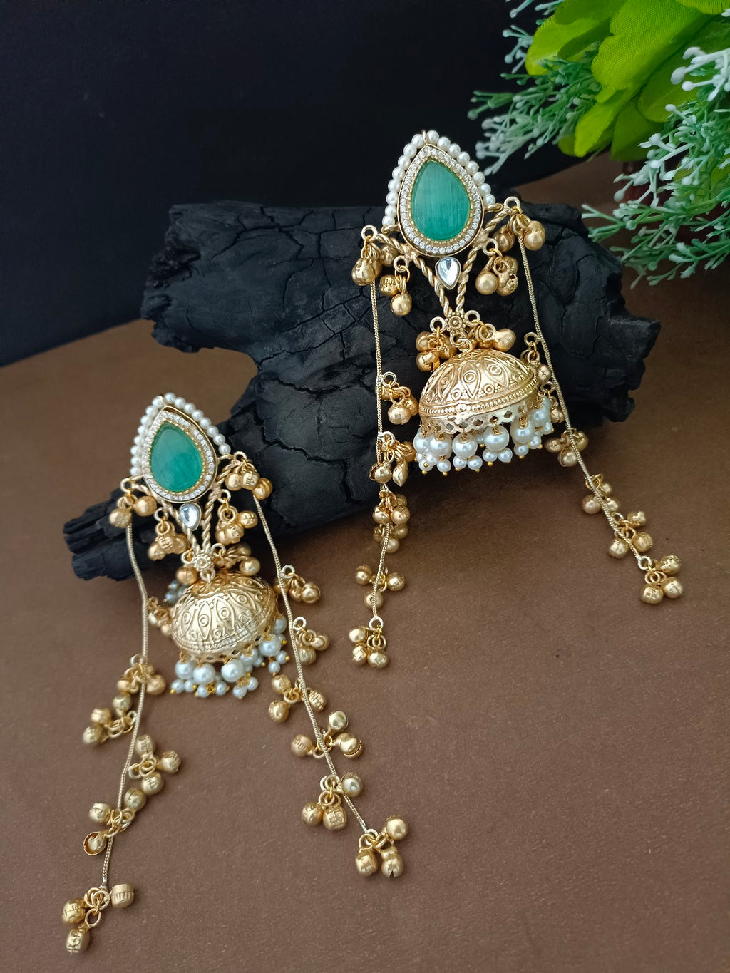 Kashmiri Jhumka Earrings with Color Stone – Traditional Gold Tone Ghungaroo Drop Earrings