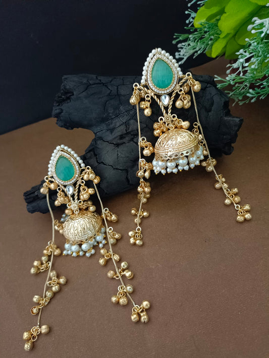 Kashmiri Jhumka Earrings with Color Stone – Traditional Gold Tone Ghungaroo Drop Earrings