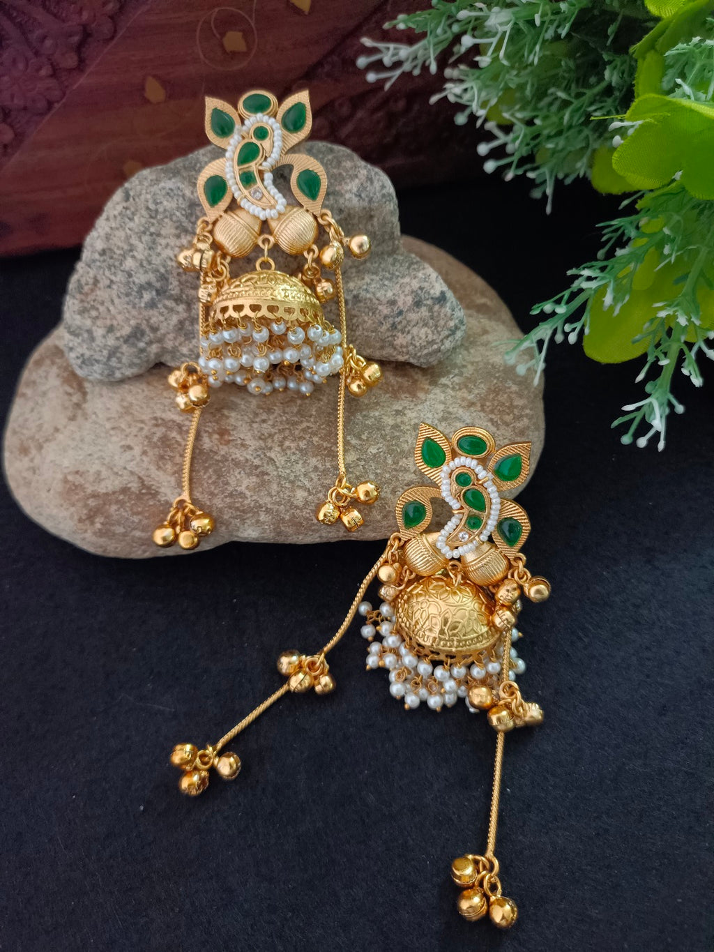 Gold-Plated Ganesh Kashmiri Jhumka Earrings with Pearl Droplets