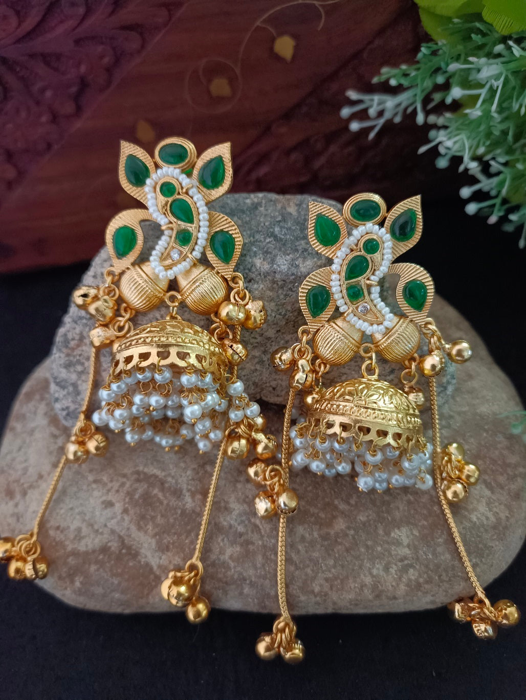 Gold-Plated Ganesh Kashmiri Jhumka Earrings with Pearl Droplets