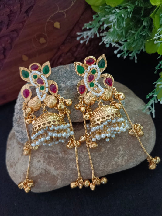 Gold-Plated Ganesh Kashmiri Jhumka Earrings with Pearl Droplets