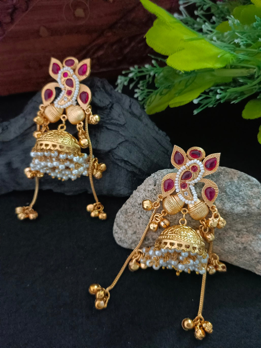 Gold-Plated Ganesh Kashmiri Jhumka Earrings with Pearl Droplets
