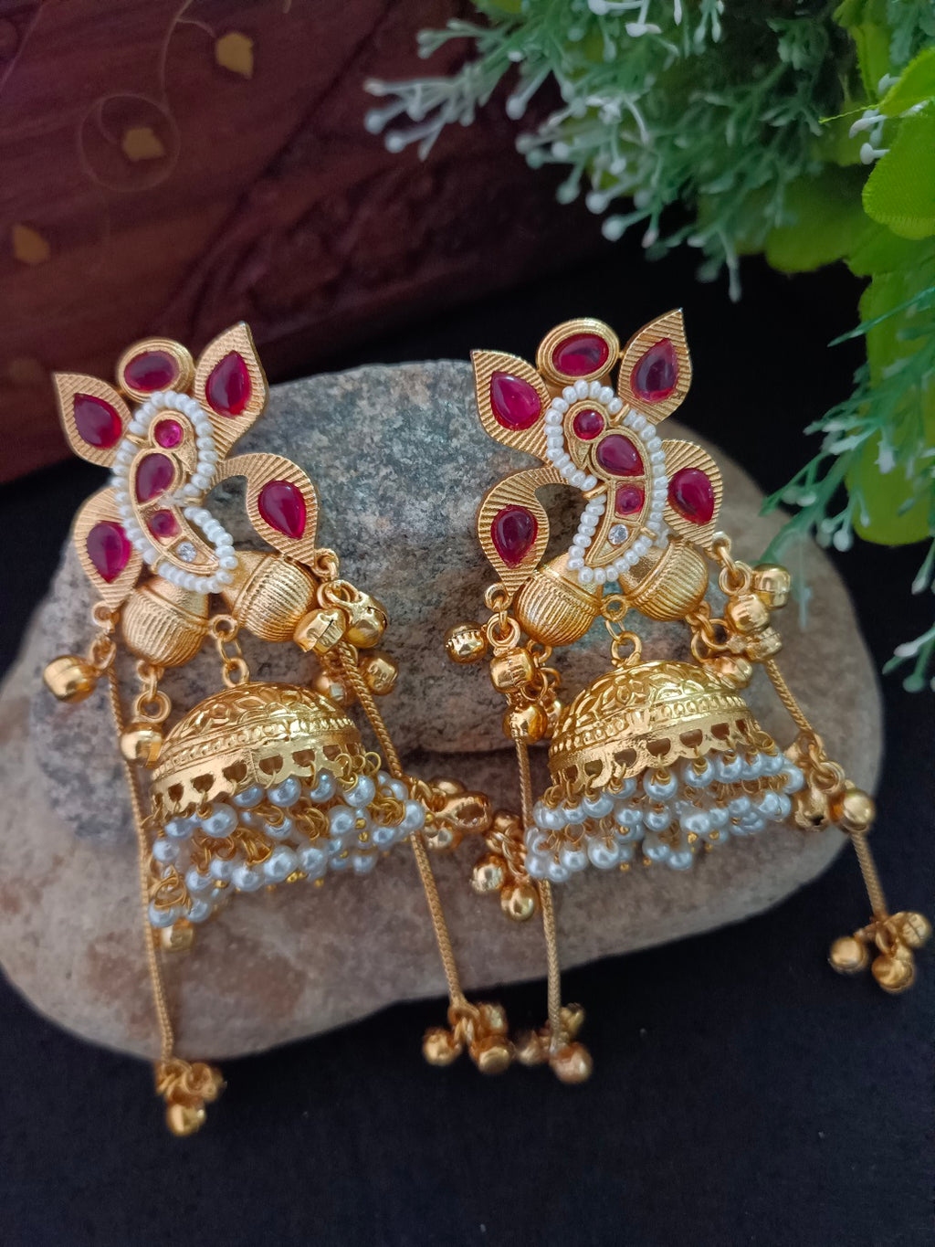 Gold-Plated Ganesh Kashmiri Jhumka Earrings with Pearl Droplets