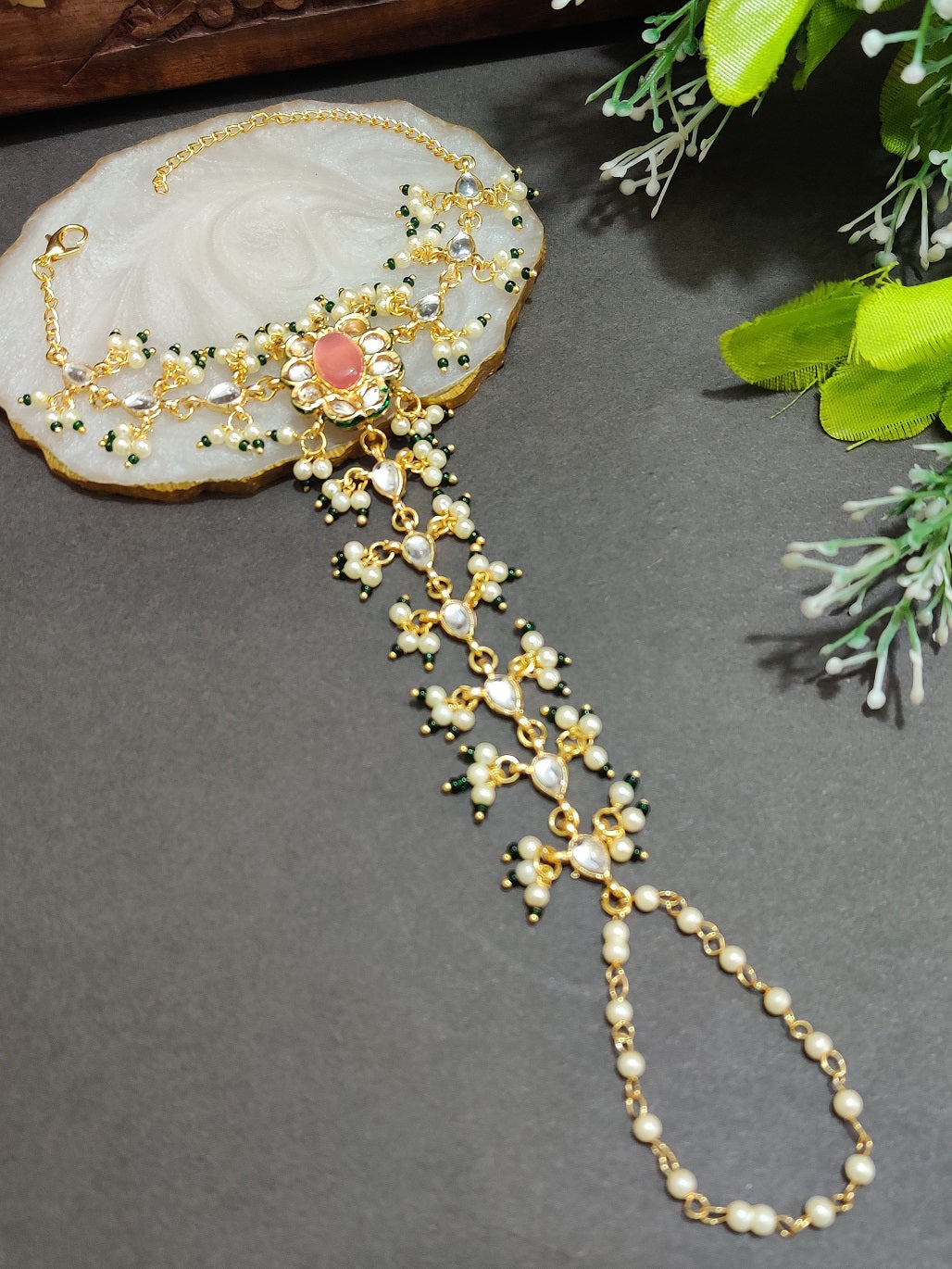 Gold-Plated Kundan Studded Meenakari Ring Hathphool Pearl Bracelets