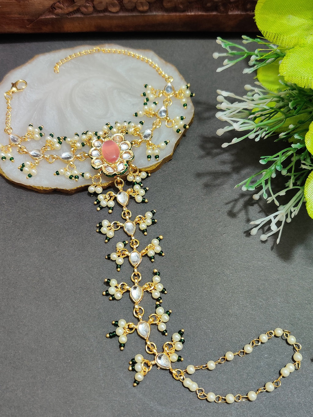Gold-Plated Kundan Studded Meenakari Ring Hathphool Pearl Bracelets
