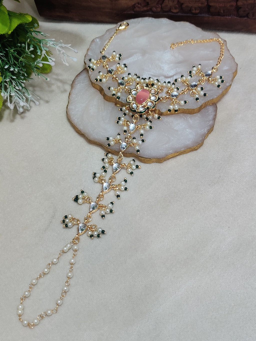 Gold-Plated Kundan Studded Meenakari Ring Hathphool Pearl Bracelets