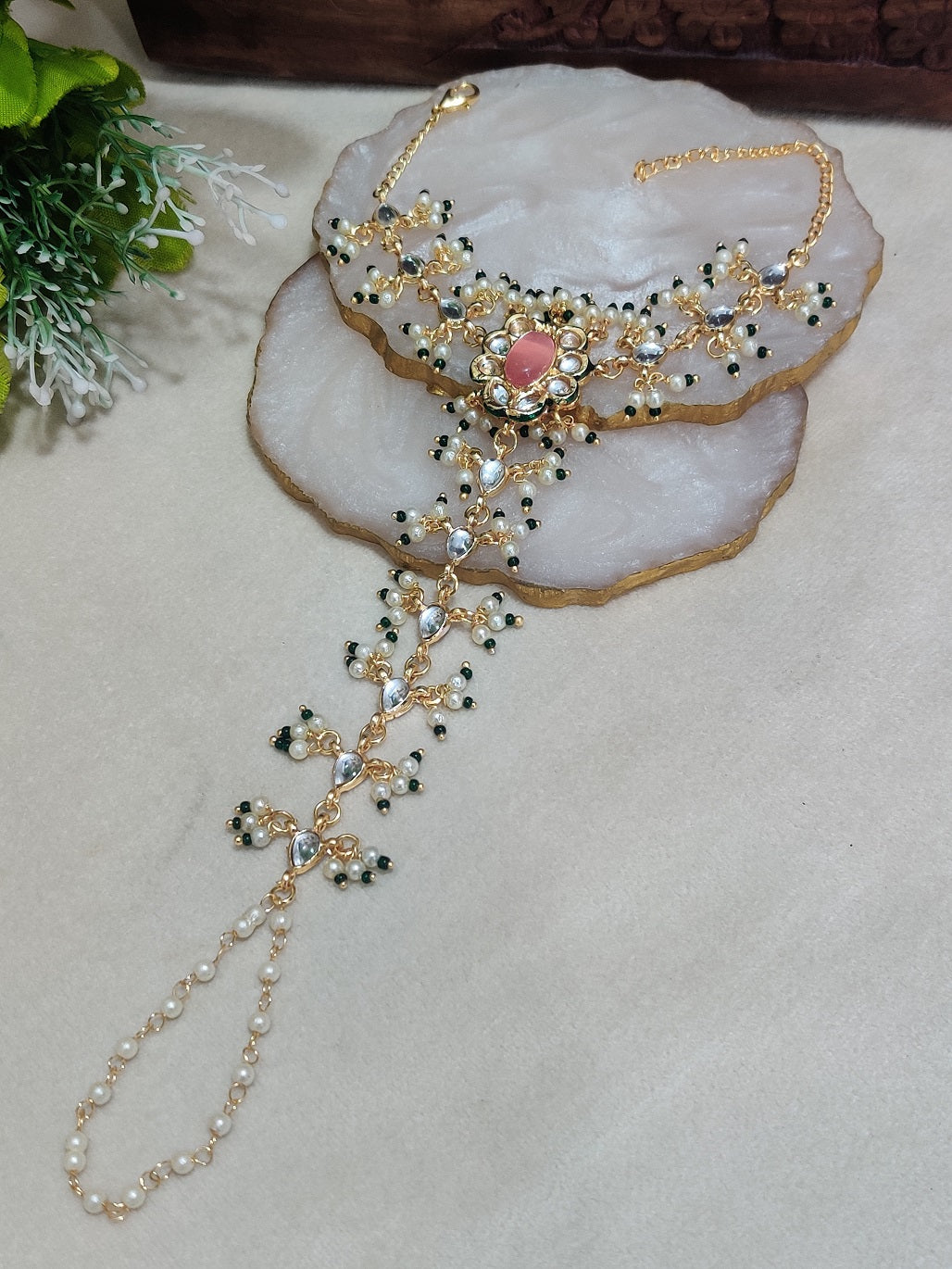 Gold-Plated Kundan Studded Meenakari Ring Hathphool Pearl Bracelets