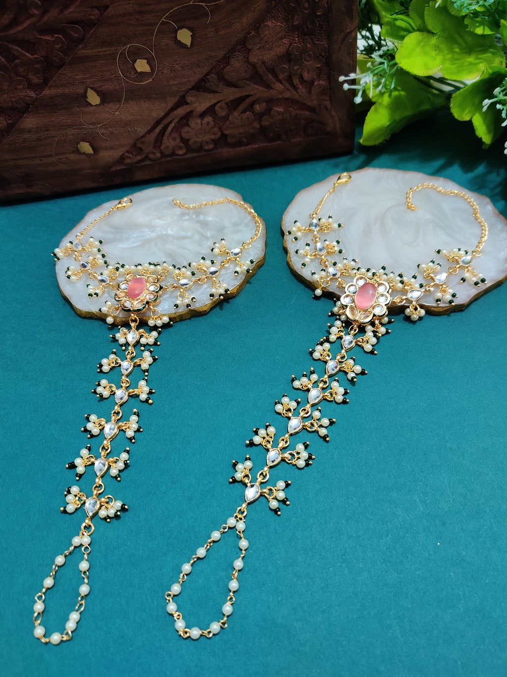 Set Of 2 Gold-Plated Kundan Studded Meenakari Ring Hathphool Pearl Bracelets