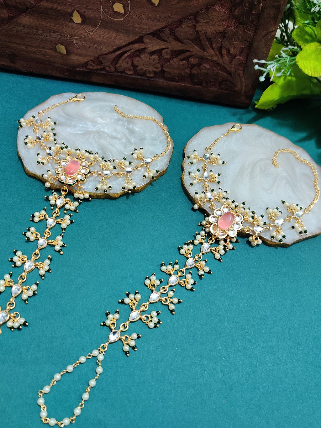 Set Of 2 Gold-Plated Kundan Studded Meenakari Ring Hathphool Pearl Bracelets