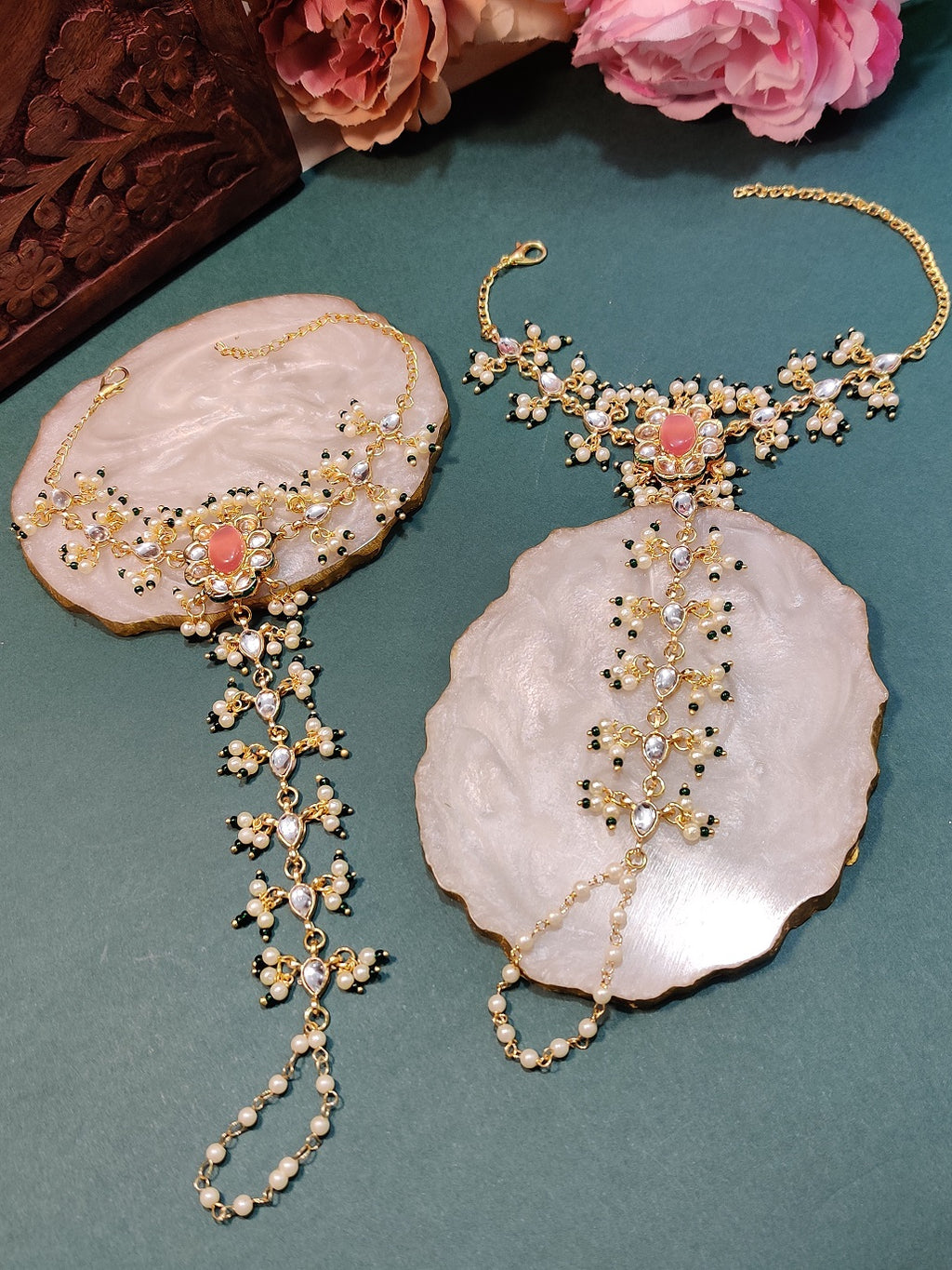 Set Of 2 Gold-Plated Kundan Studded Meenakari Ring Hathphool Pearl Bracelets