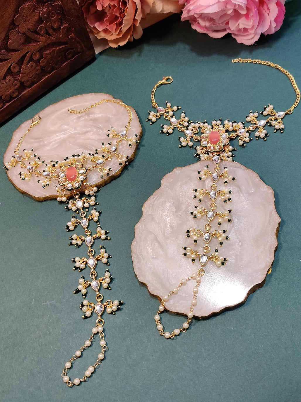 Set Of 2 Gold-Plated Kundan Studded Meenakari Ring Hathphool Pearl Bracelets