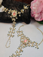 Set Of 2 Gold-Plated Kundan Studded Meenakari Ring Hathphool Pearl Bracelets