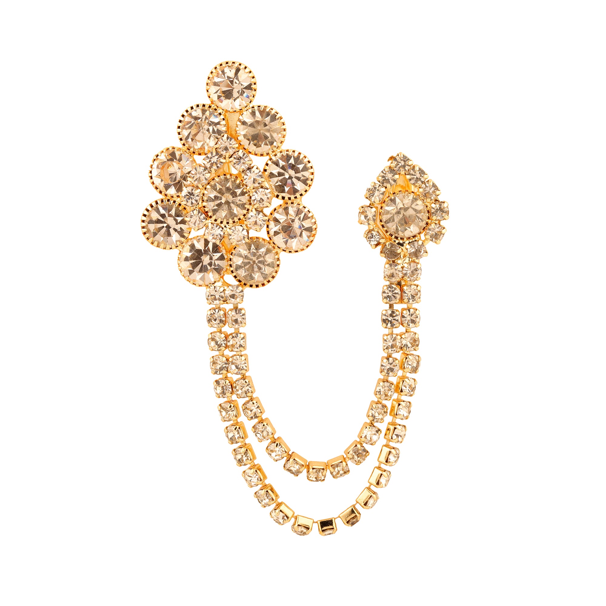 Gold-Toned White Stone-Studded American Diamond Statement Chain Small Brooch Lapel Pin