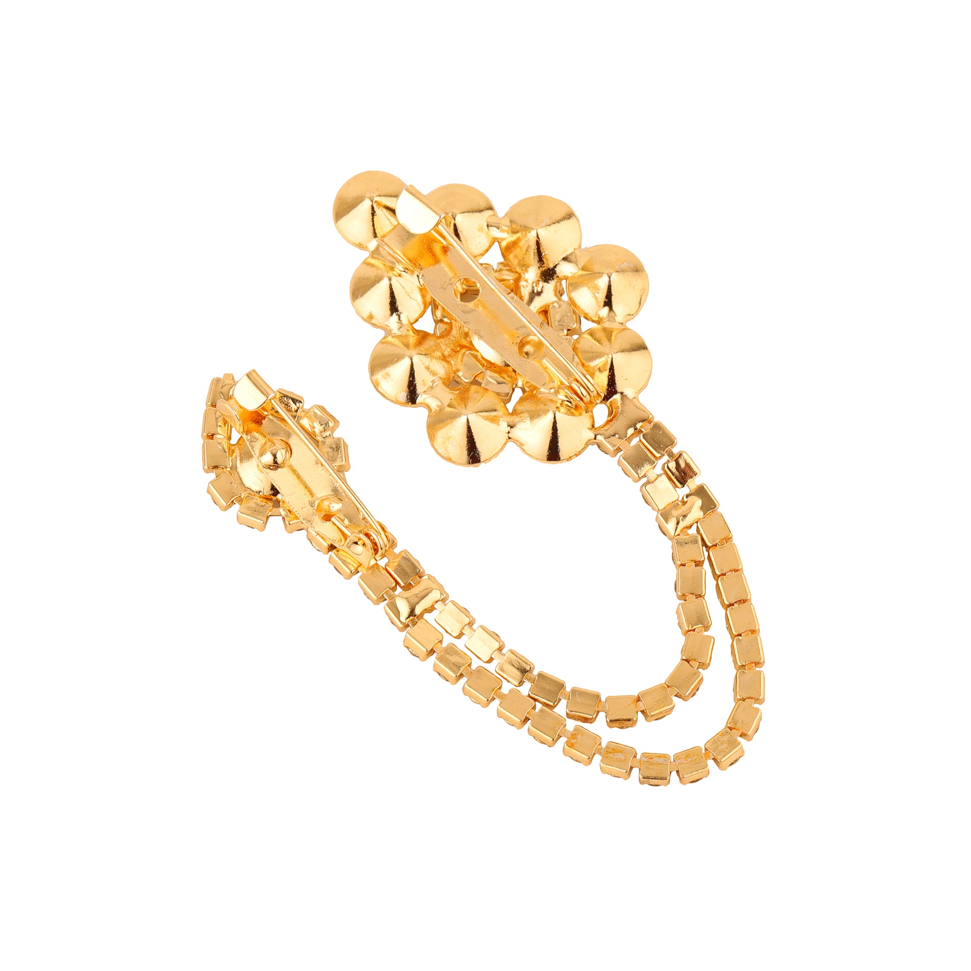 Gold-Toned White Stone-Studded American Diamond Statement Chain Small Brooch Lapel Pin