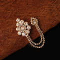 Gold-Toned White Stone-Studded American Diamond Statement Chain Small Brooch Lapel Pin