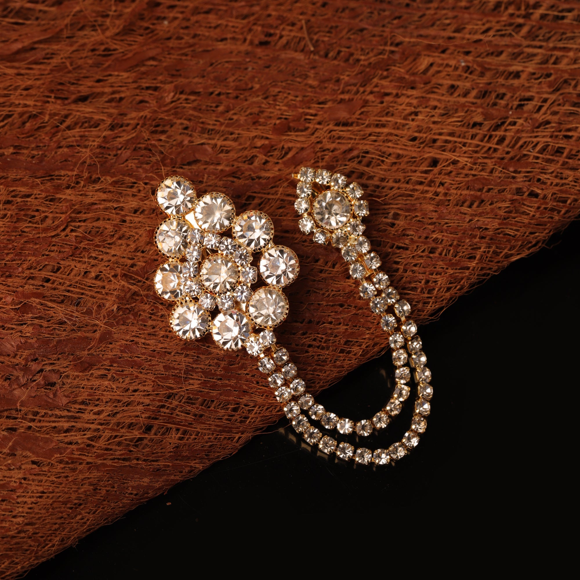 Gold-Toned White Stone-Studded American Diamond Statement Chain Small Brooch Lapel Pin