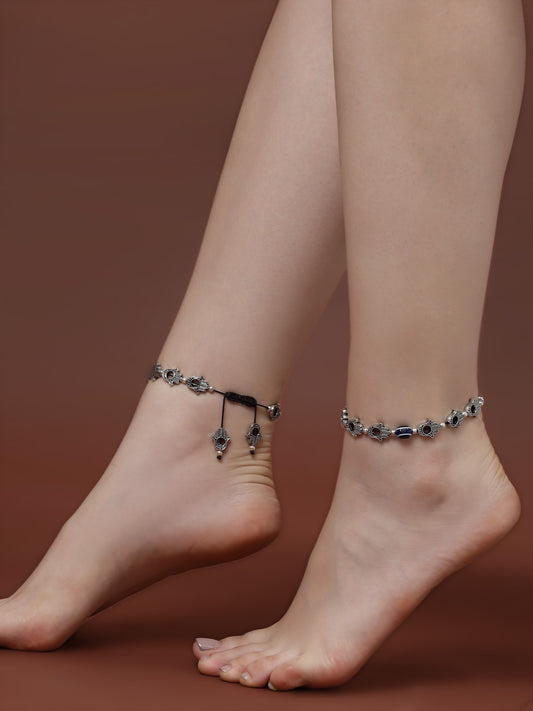 Silver-Plated Artificial Beads Oxidised Evil Eye Hamsa Charm Anklets