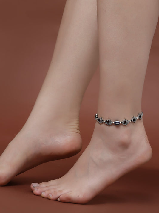 Silver-Plated Artificial Beads Oxidised Evil Eye Hamsa Charm Single Anklet