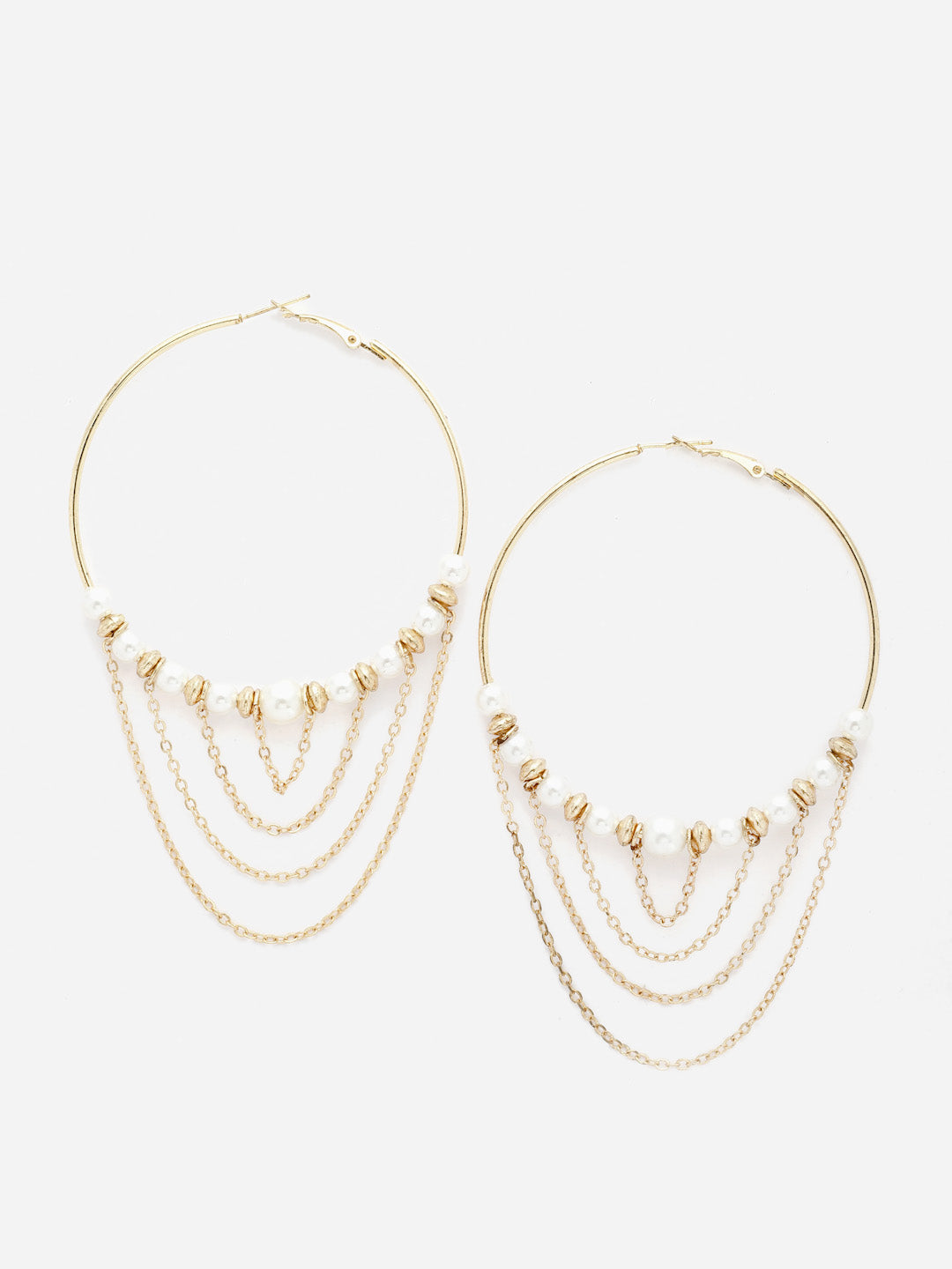 Gold-Toned Hoop Earrings with Pearls and Chain Details for Women – Elegant Statement Earrings for Parties, Weddings, and Special Occasions
