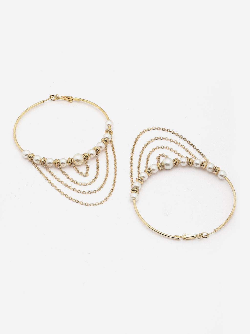 Gold-Toned Hoop Earrings with Pearls and Chain Details for Women – Elegant Statement Earrings for Parties, Weddings, and Special Occasions