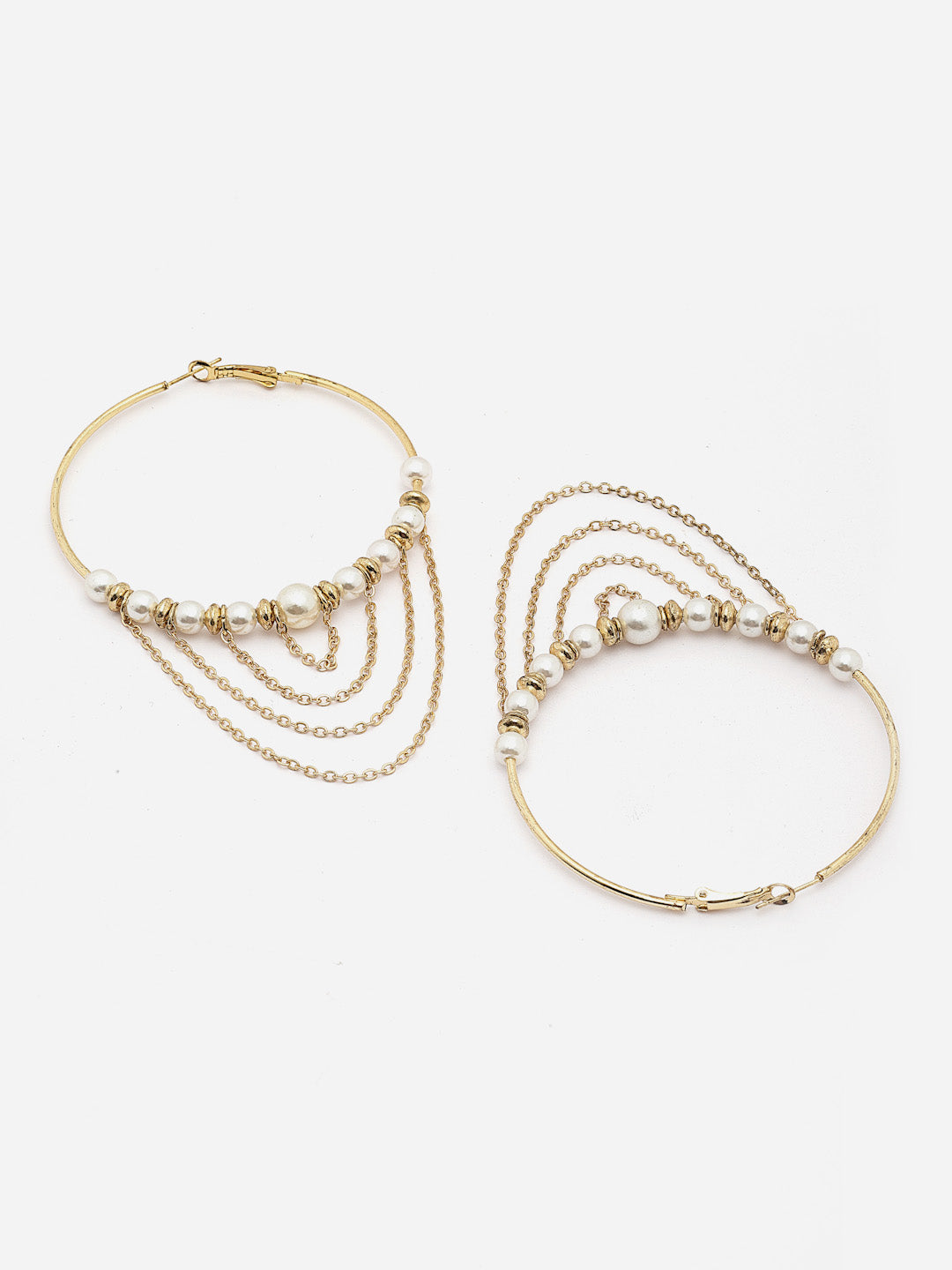 Gold-Toned Hoop Earrings with Pearls and Chain Details for Women – Elegant Statement Earrings for Parties, Weddings, and Special Occasions
