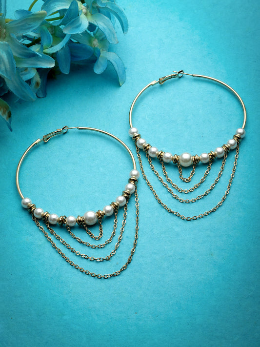 Gold-Toned Hoop Earrings with Pearls and Chain Details for Women – Elegant Statement Earrings for Parties, Weddings, and Special Occasions