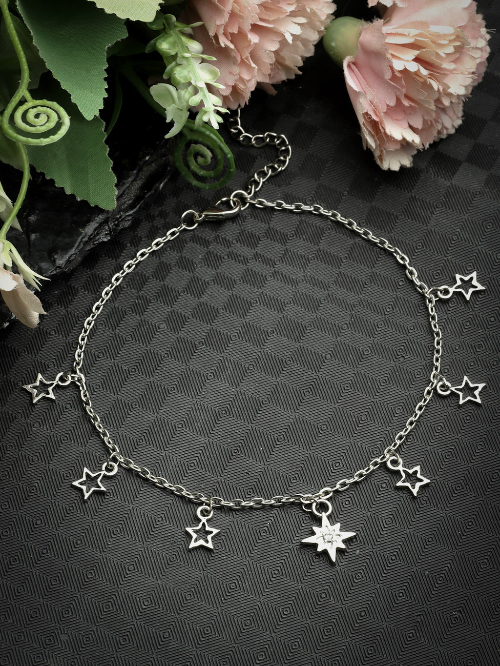Star Charm Bracelet - Silver Chain with Delicate Dangling Star Pendants