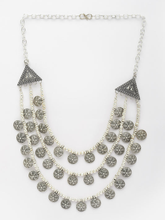 German Silver Silver-Plated Floral Beaded Oxidised Layered Statement Necklace